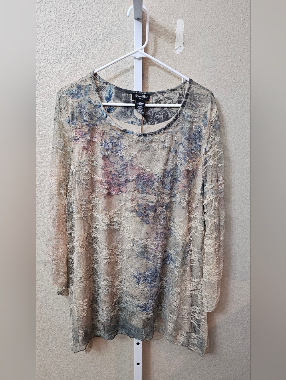 Brittany Black Cream Lace Floral Long Sleeve Top with Blue-Pink Accents